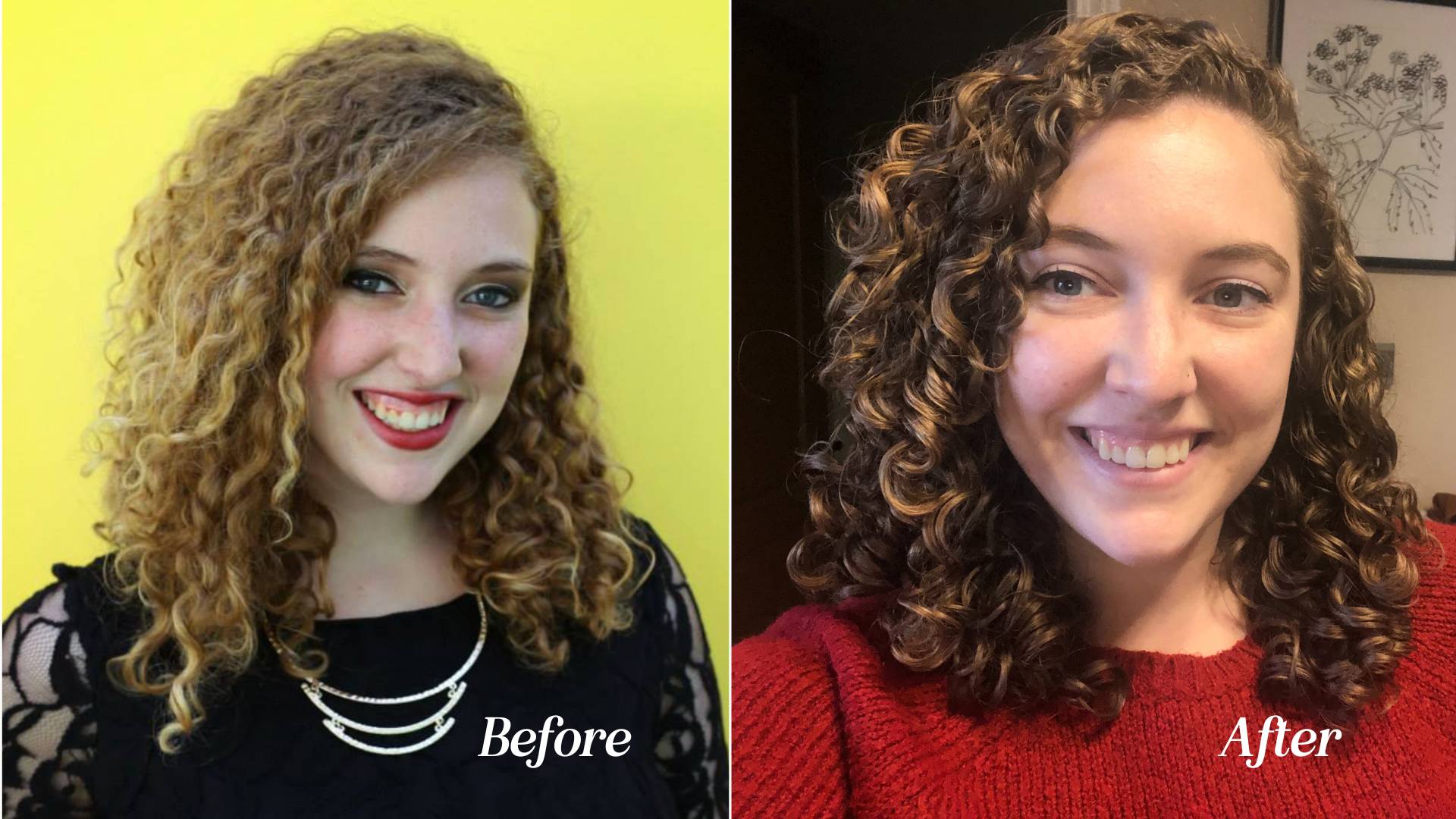 Before and after pictures of Mara's curly hair